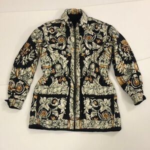 WATHNE XS Jacket Reversible Black Decorative Print Zipper Pocket Adjusted Waist